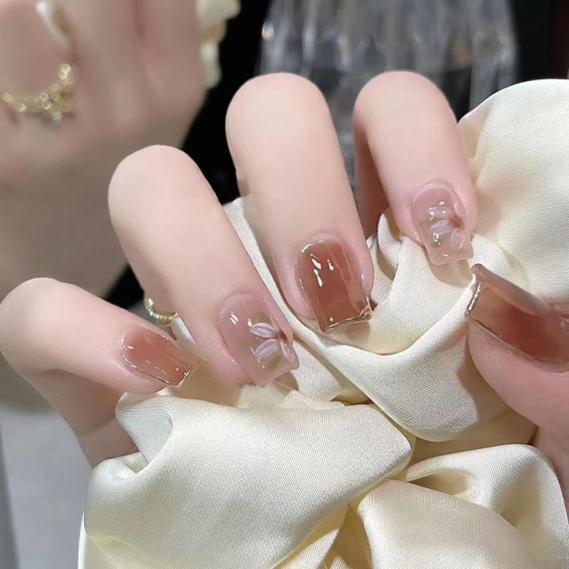 24Pcs Short Square 3D Gilded Red Heart Press On Nails Reusable Full Cover False Nail Tips