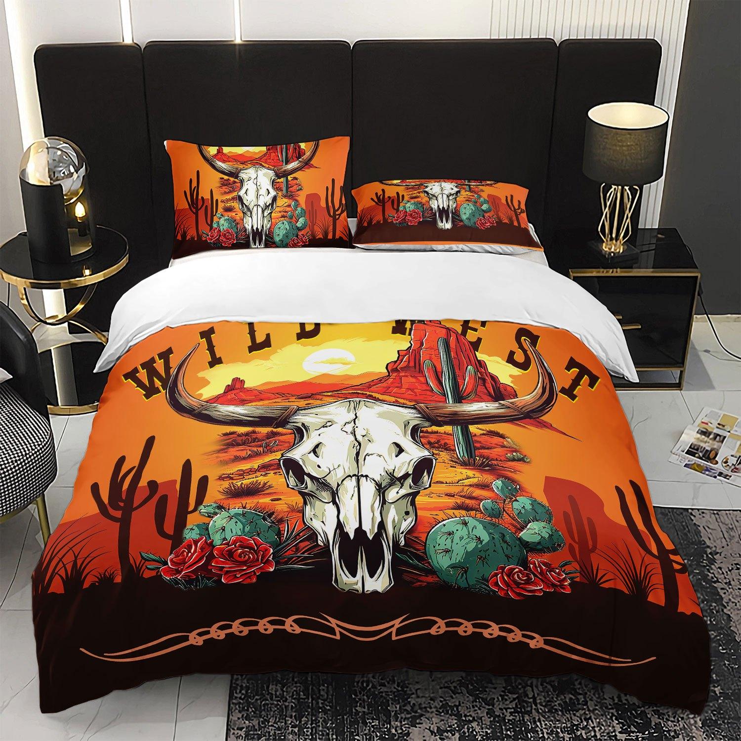 3pcs Wild West Sunset Cactus Cow Skull Bedding Duvet Cover Set Wild West Themed Bed Quilt Set Western Style Bedroom Decor (135x200cm)