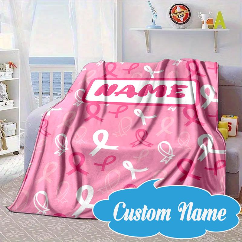 Custom Name Pink Ribbon Awareness Blanket bed sofa Blanket Flannel Blanket for Camping, Hiking, Picnic Essentials,gift for Fan family