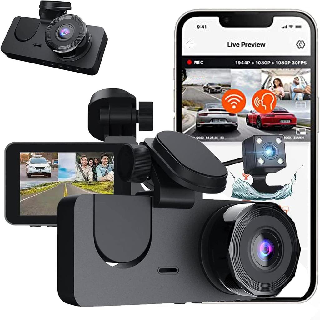 DVR para automóvil HD 1080P con 3 lentes para tablero de instrumentos, cámara de tres vías, grabadora de video, videocámara para tablero de instrumentos, pantalla IPS de 2.0 pulgadas y cámara trasera