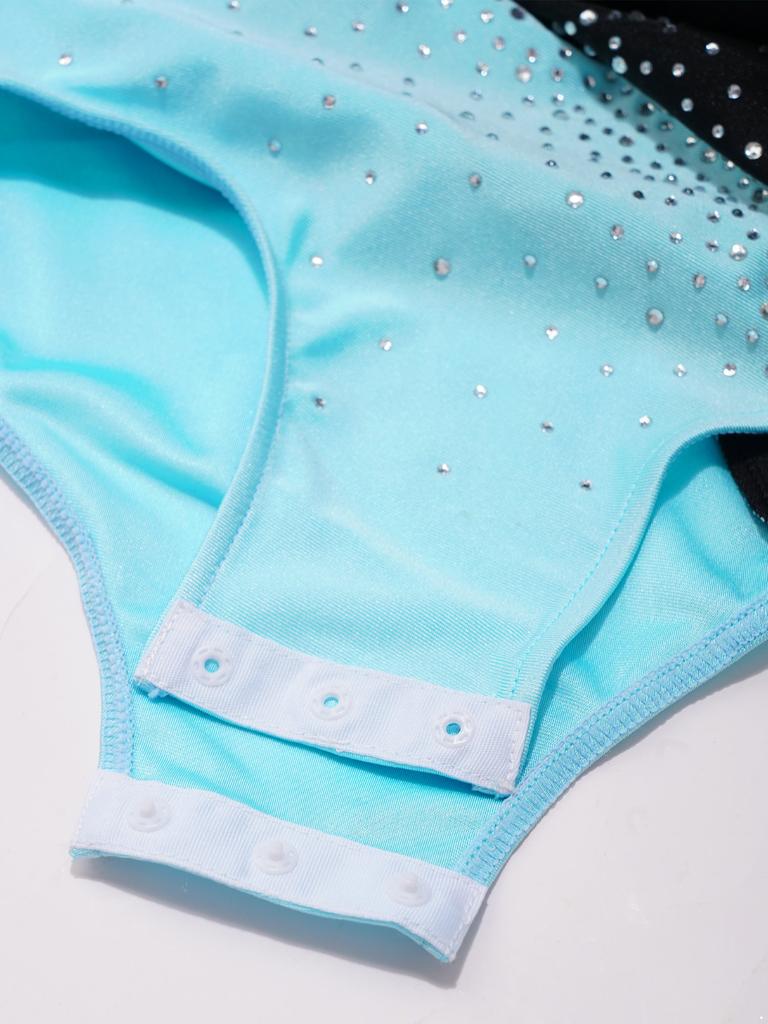Girls Metallic Gymnastics Bodysuit Long Sleeve Rhinestone Color Block Leotard Competition Dancewear