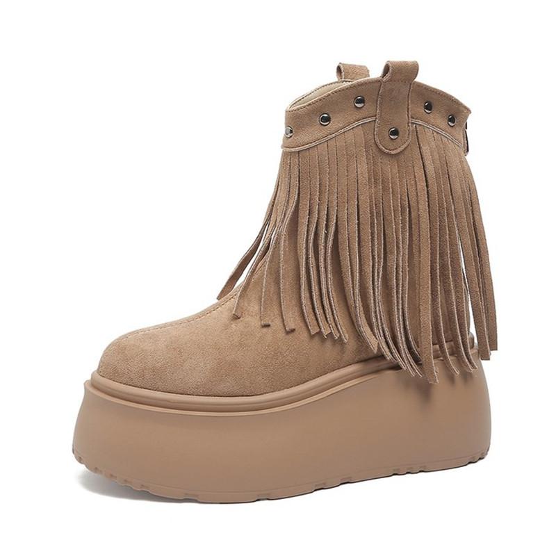 8CM Women Tassels High Heels Thick Platform Short Boots Chunky Leather Shoes Woman Autumn Winter Platform Motorcycle Boots Botas