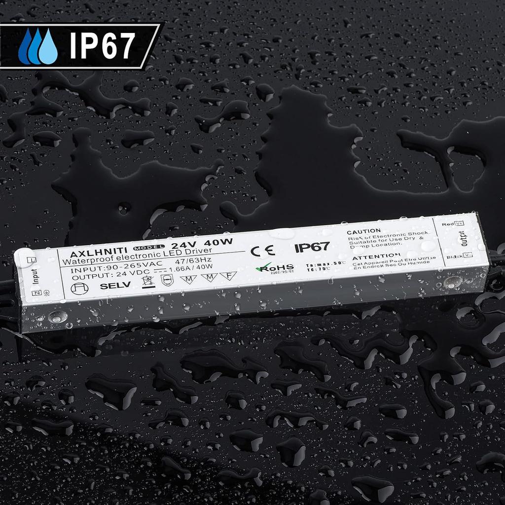 LED Driver 40W 24V, Waterproof IP67 24V Power Supply, LED Transformer 90V-265V AC to 24V DC, LED Power Supply with 3-Prong Plug 3.3 Feet Cable for