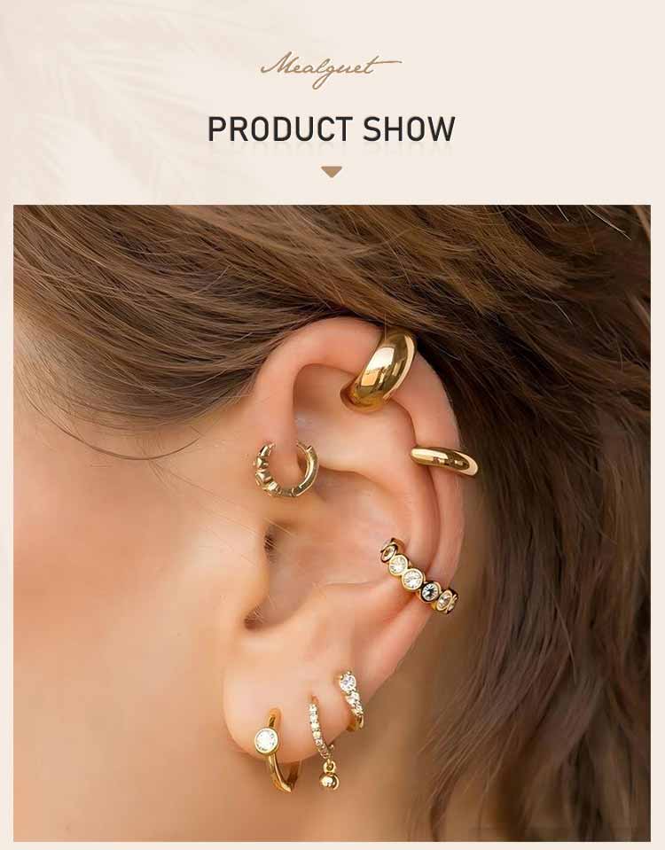 Ear Cuff Cartilage Stacking C-Shaped CZ Thick Earring, 18K Gold Plated Stainless Steel Clip On, 1Pc Single Fake Piercing Jewelry