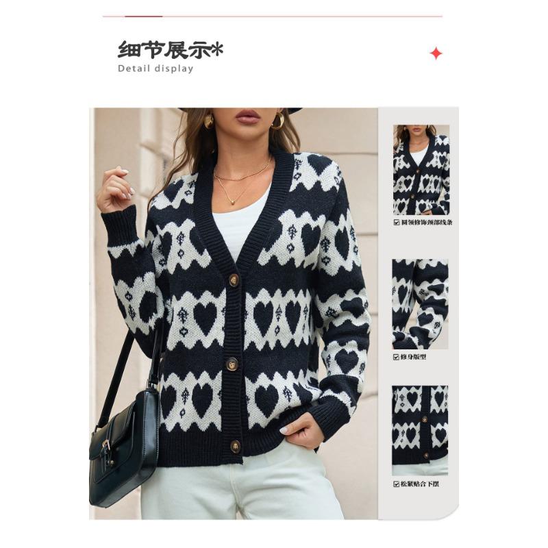 Women S V Neck Long Sleeve Knit Cardigan With Heart Pattern