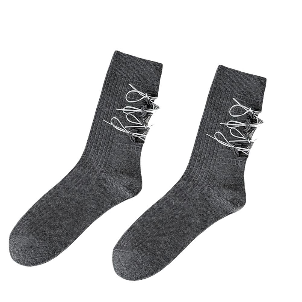 Ballet Style Mid Calf Socks Solid Color Ripped Lacing Socks Cotton Socks for Women  Student