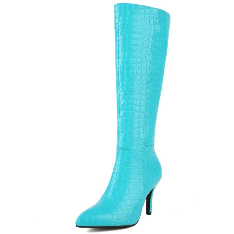 Snake Leather Women High Knee Boots Pointed Toe Thin Heel Zipper Cowboy Boots Winter Shoes Ladies Footwear Large Size 45 48