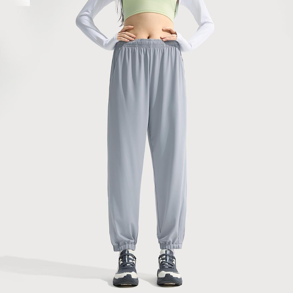 Li Ning Fitness Series Casual Simple Solid Color Ice Silk Quick Dry Cool Anti-Ultraviolet Cuffed Elastic Knitted Sports Pants Women Pants AKYV196-2