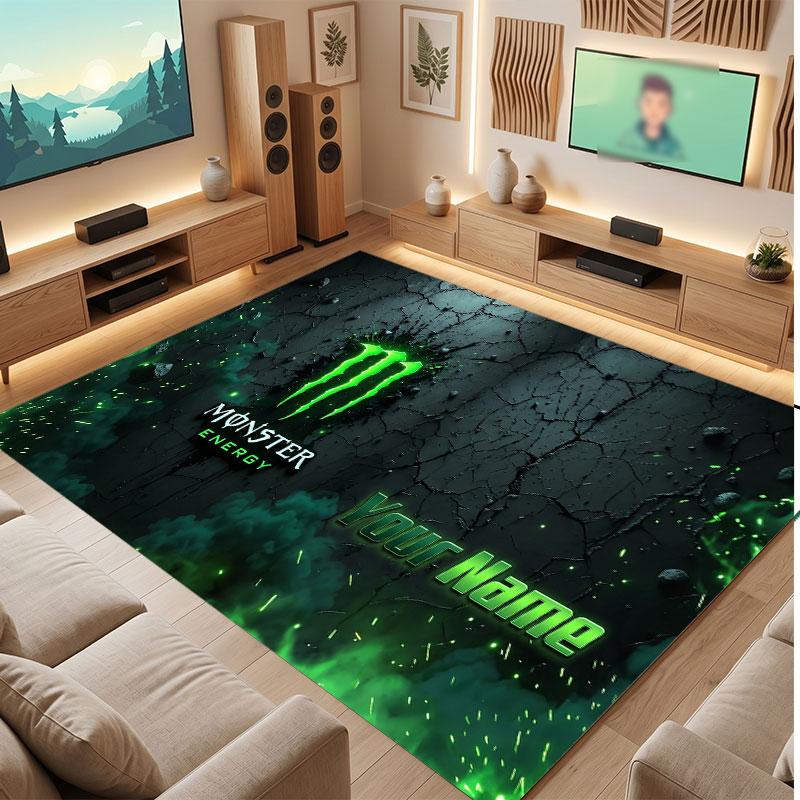 Tappeto in Cristallo Vellutato Personalizzato Monster Energy, Tappeto Morbido Antiscivolo con Testo Nome Personalizzato per Soggiorno Camera da Letto