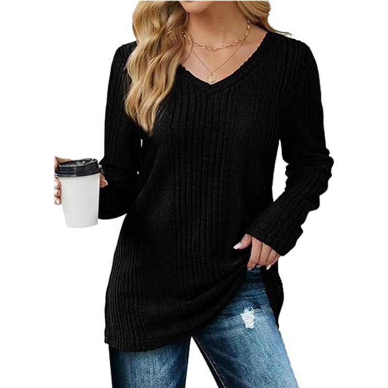 Pulover Tricotat cu Gât în V pentru Femei cu Mânecă Lungă Culoare Uni Pullover Casual Top de Zi cu Zi