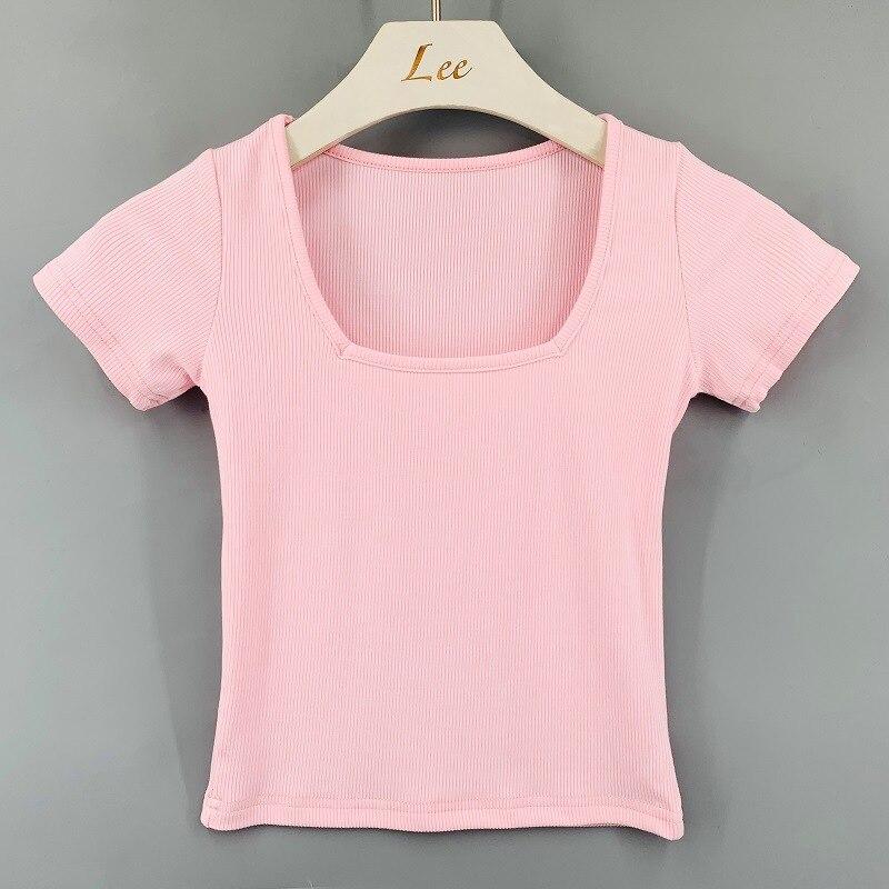 

Повседневная хлопковая тонкая футболка женская футболка с коротким рукавом сексуальные укороченные топы 2022 летняя белая футболка с квадратным воротником Blusas Mujer 20505 OneSize розовый