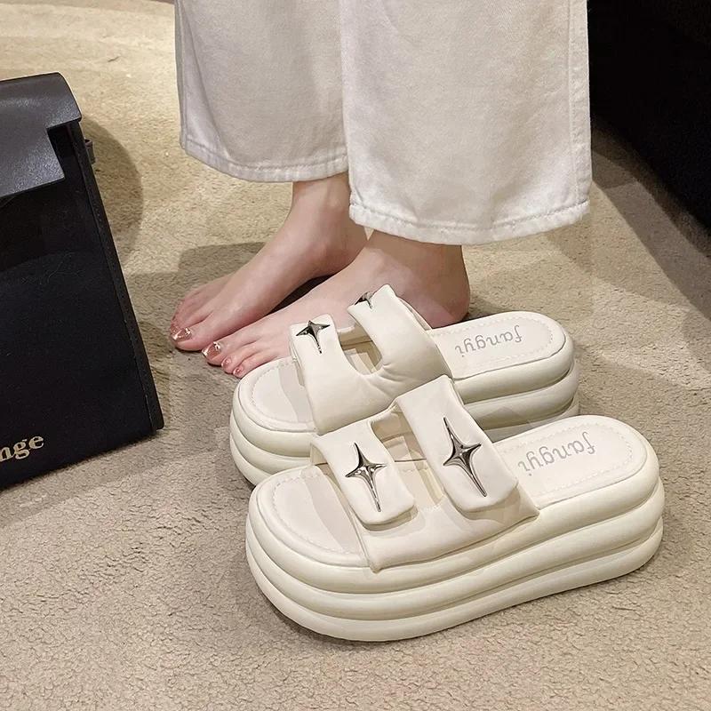7cm Heels Chunky Platform Slippers For Women Open Toe Leather Wedges Sandals Woman Summer Thick Bottom Female Beach Flip Flops