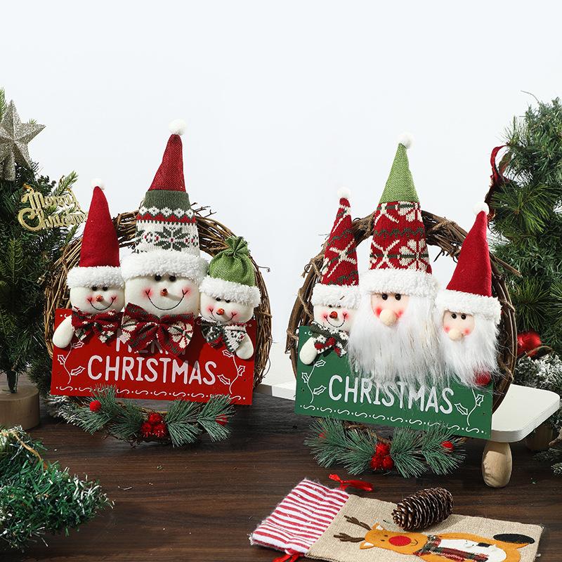1pcs Fabric Christmas Wreath Garland with Santa and Snowman Door Wall Hanging Rattan Ornament for Holiday Scene Decor