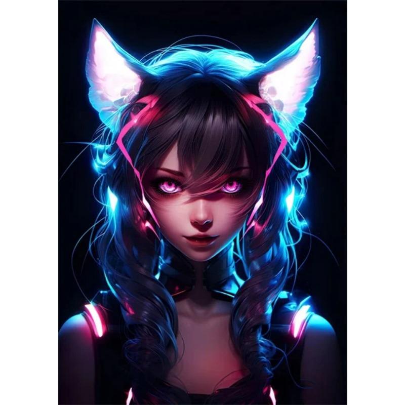Neon Anime Cat Girl Posters Prints Canvas Painting Manga Neon Canvas Wall Art Pictures for Modern Home Girl Bedroom Game Decor