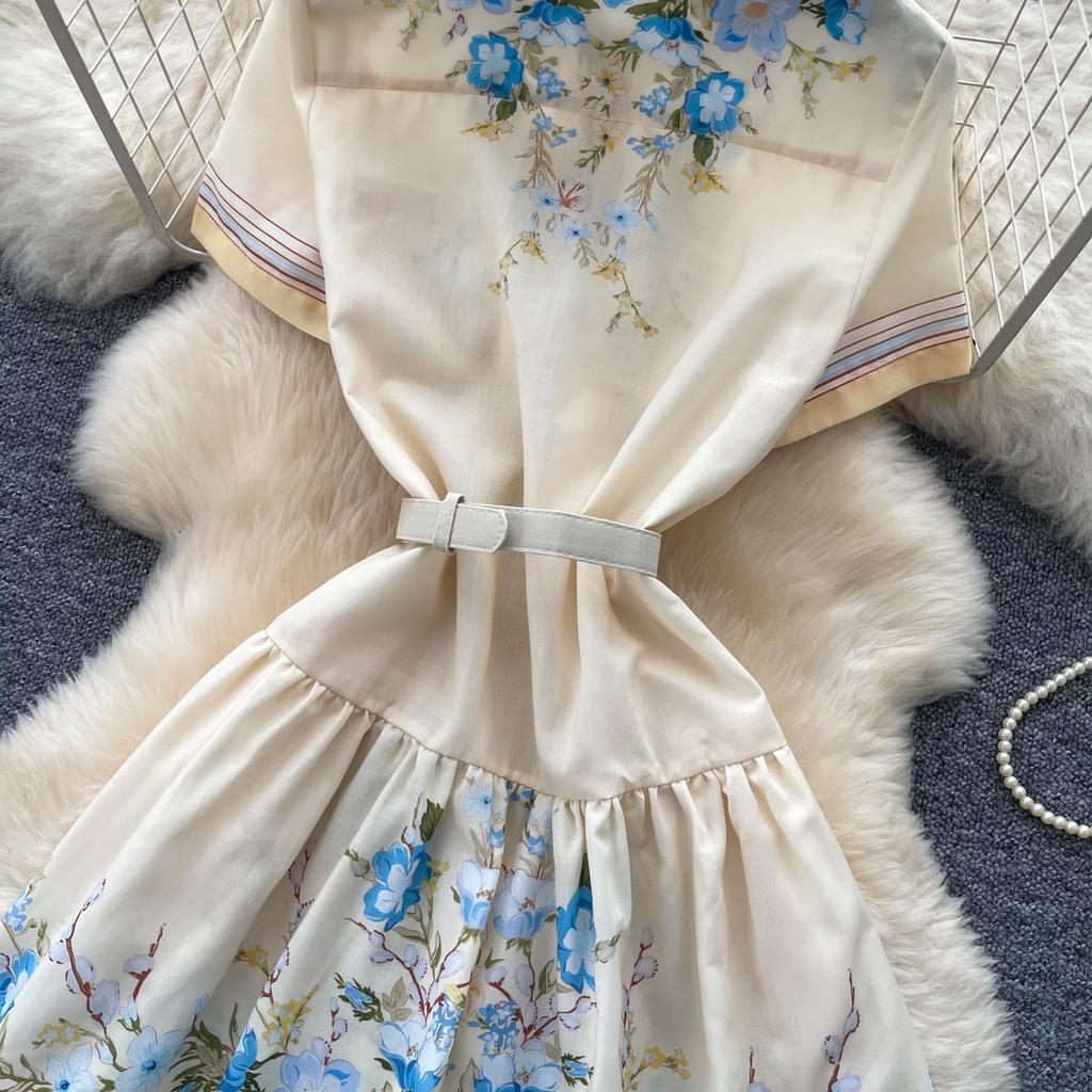 Elegant Floral Print Short Dress for Women Summer Turn Down Collar Short Sleeve Slim Shirt Dress Female with Belt