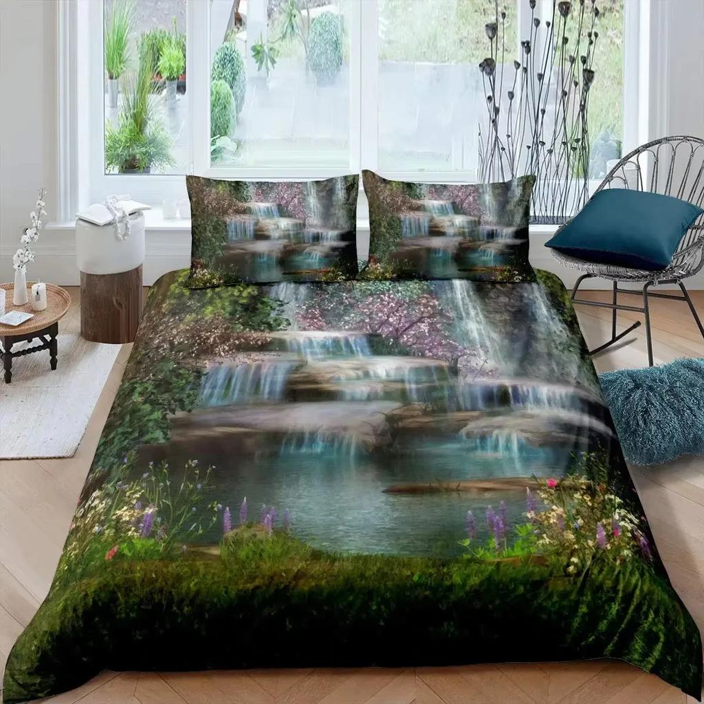Lpluscape Painting Waterfal Soft Duvet Cover Quen Sized Dimensions Double Bed Natural Scenery Comfortable Quilt Cover Forest Waterfal Beding 3-Piece