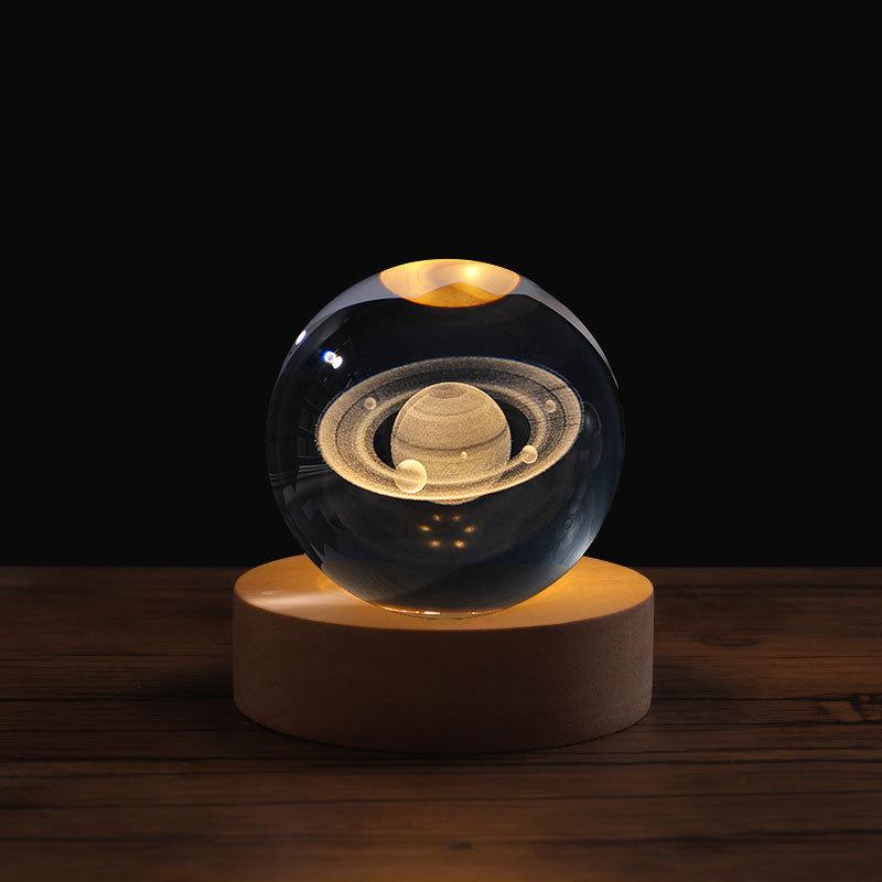 8cm Crystal Ball Night Light Galaxy 3D Laser Engraved Ornament Wooden Galaxy Night Lamp