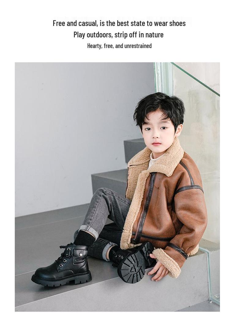 Boys' Black British-Style Leather Boots - Short, Dr. Martens-Inspired, Soft Sole, for Autumn/Winter