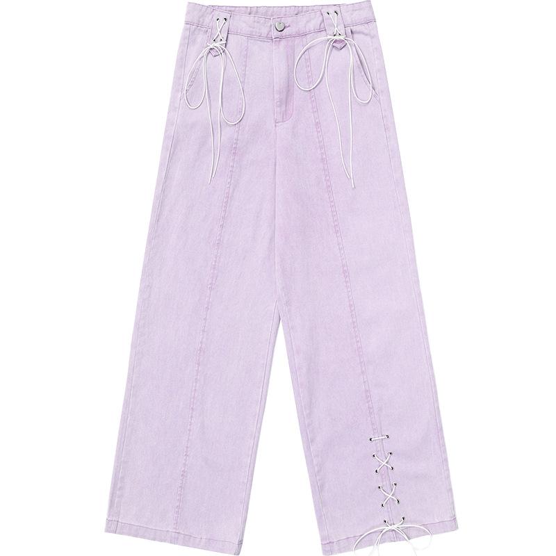 

Ранні жіночі джинси з високою талією, вільні широкі прямі штани з мереживним дизайном XL фіолетовий