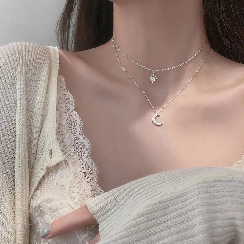 Korean Style Star Moon Butterfly Pendant Choker Necklace Double Layer Clavicle Chain For Women Girl Jewelry Accessories