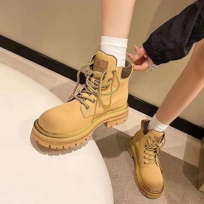 Soft Leather Heightened Platform Martin Boots Women's Small Platform Big Yellow Boots British Style Velvet Bumblebee Short Boots