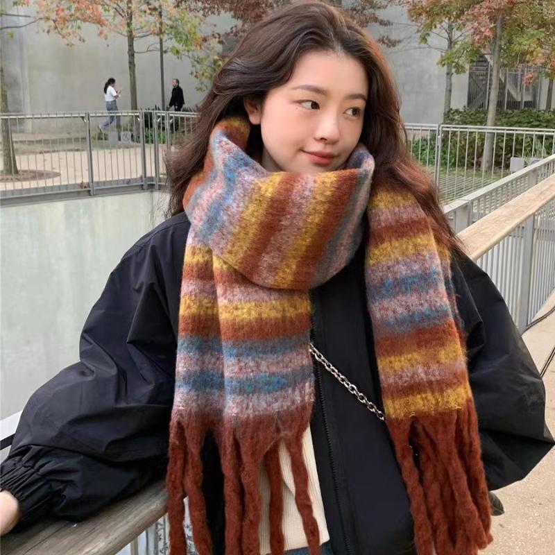 Trendy Stripete Tykt Skjerf med Frynser Tykt Kuldebeskyttende Rutete Store Skjerf Klassisk Vindtett Sjal For Kvinner Høst & Vinter