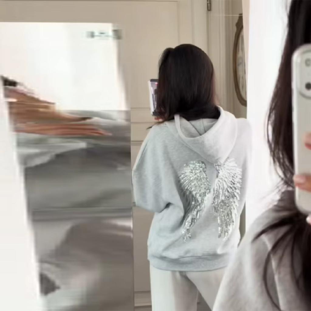 2KWEIRD Women's Shinny Sequin Angel Wings Hooded Jacket Pant Long Sleeve Loose Casual Hooded Pullover New Lady Y2K Autumn Outwears