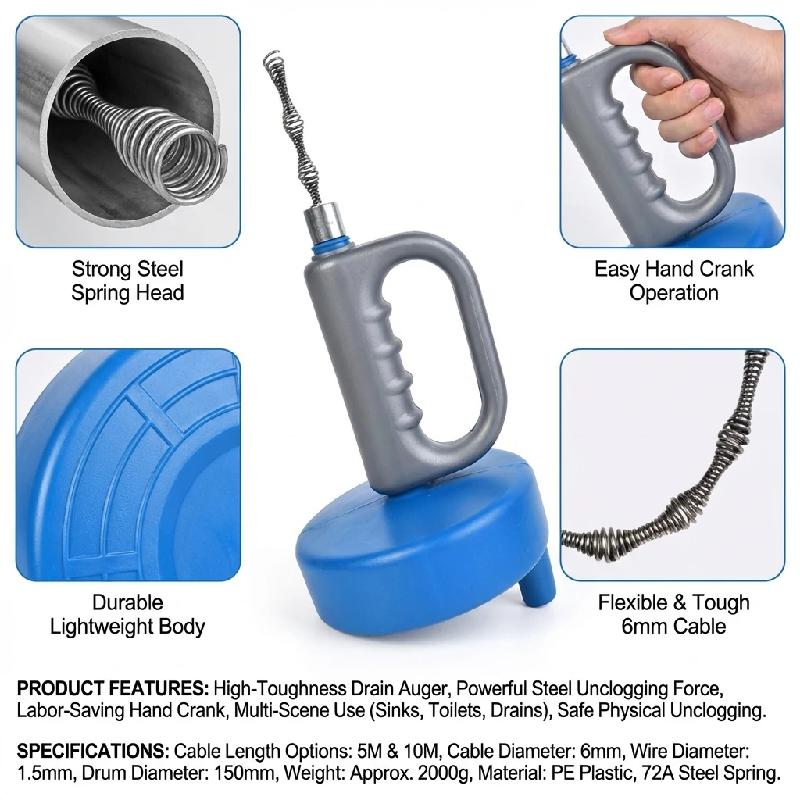 Handheld Extendable Sink Toilet Drain Unblocker 5/7/10 Meters Sewer Pipe Plunger Dredge for Bathroom Kitchen Cleaning Tools
