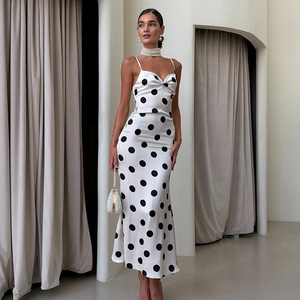 

European and American ins new French light luxury temperament polka dot suspender dress sexy hot girl V-neck low-cut long dress S белый