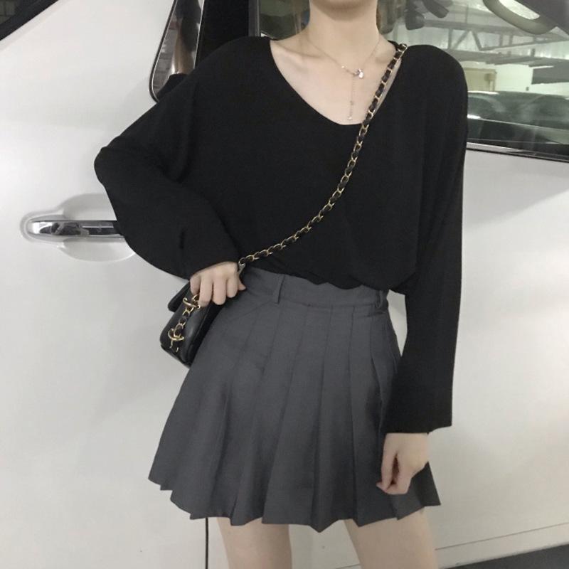 Women's Solid V-Neck Long-Sleeve Loose T-Shirt - 2025 Spring/Fall New Fashion