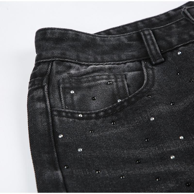 Retro High Waist Loose Fit Rhinestone Distressed Denim Pants Fashionable Casual Trousers Spring Summer New Arrival Women's Jeans
