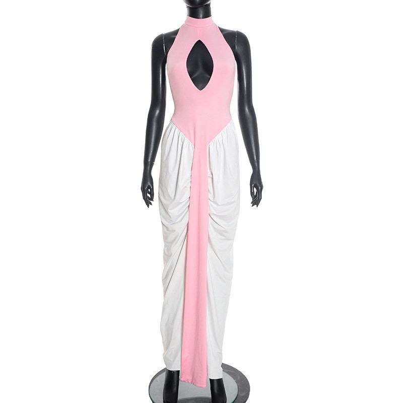 

D25Ds548 Cross-Border European and American Women s Fashion New Sexy Halter Neck Sleeveless Hollow-Out Color-Blocked Dress with Ribbons and Slits Pink S