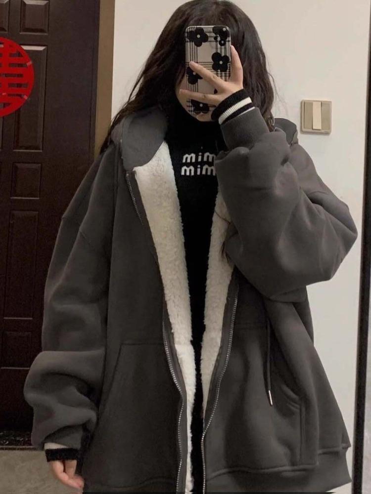 

Милая флисовая теплая толстовка, куртки, женская осенне-зимняя мода, утолщенное розовое овечье плюшевое хлопковое пальто, повседневная одежда для улицы XL темно серый