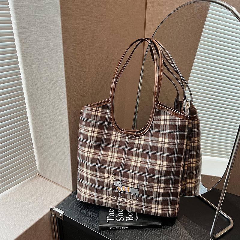 

Клетчатая сумка-тоут с рисунком щенка, рюкзак большой емкости, сумка подмышкой, женская сумка для поездок на работу темно-коричневого