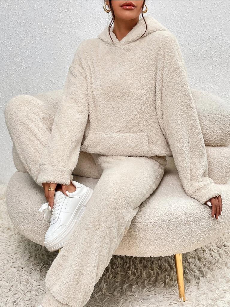 Women's White Faux Fur Hooded Hoodie and Wide-Leg Pants Set