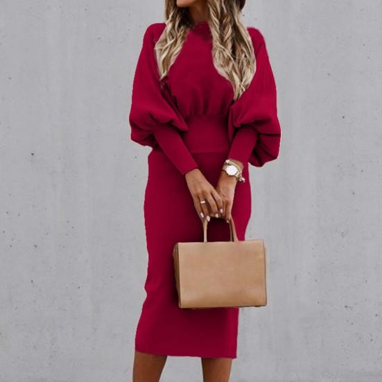 O-Neck Waist Tight Bodycorn Dress High Waist Elegant Long Lantern Sleeve Office Dress Female Clothing