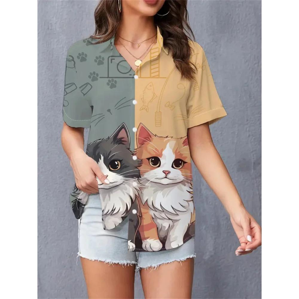 Summer 2025 Women Shirts Lapel Short Sleeve Abstract Cartoon Portrait Prints Blouses Fashion Casual Cute Cat Print Shirts Tops