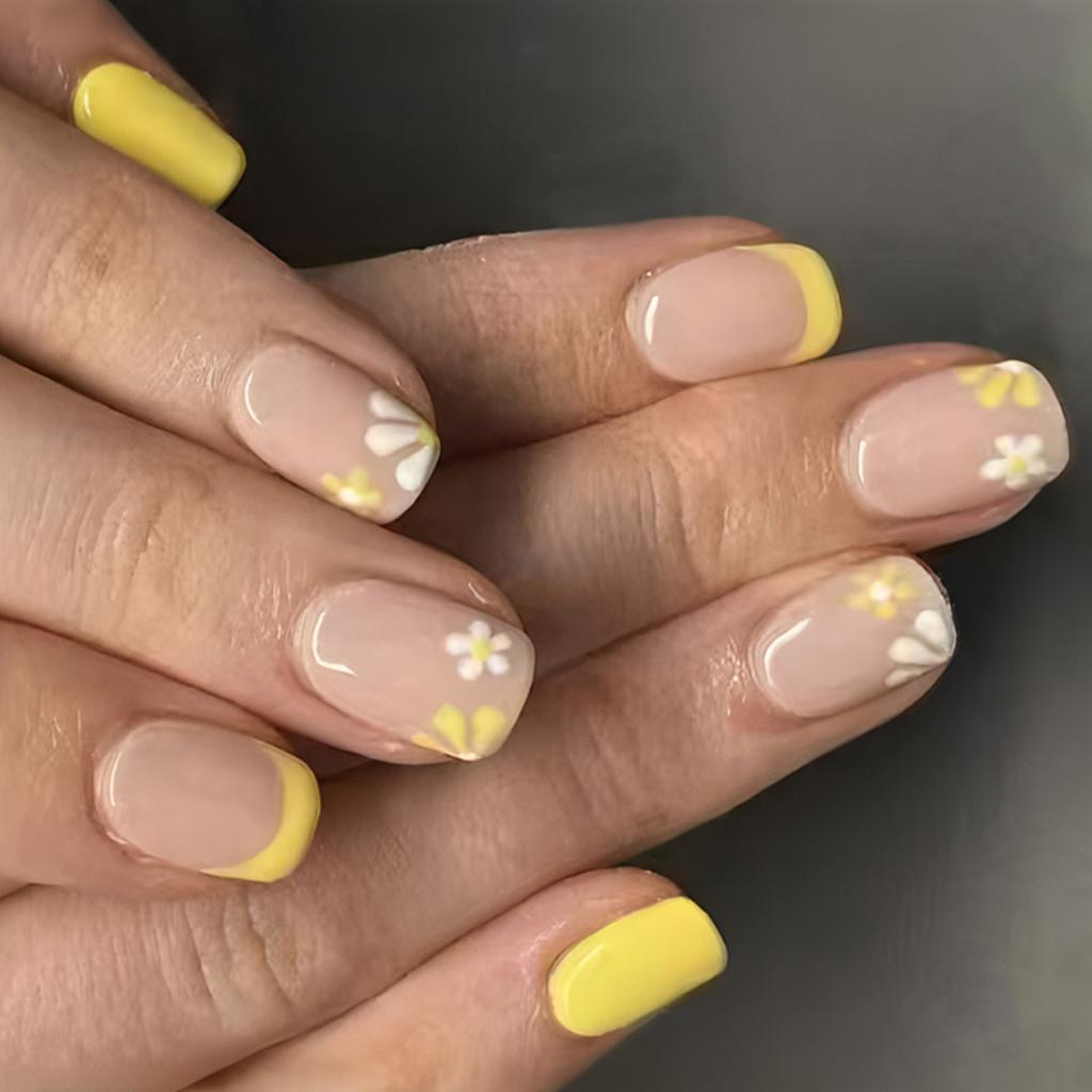 24 Pcs Short Square False Nail Flowers Artificial Nail Yellow French Tip Stick On Nail Glossy Press On Nail for Woman