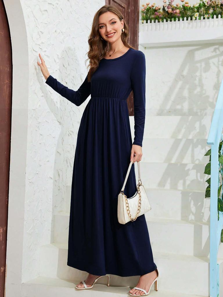 Women's Elegant Casual A-Line Long Dress with Cinched Waist and Pockets