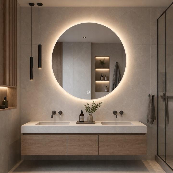 Bathroom mirror round salt 80 CM LED lighting, heating mat, acrylic frame