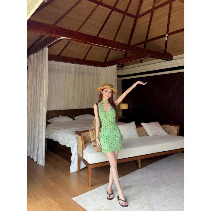 French Polka Dot Streamer Neck Dress Women's Summer Temperament Green Skirt Waist Hip Skirt Vacation Dress