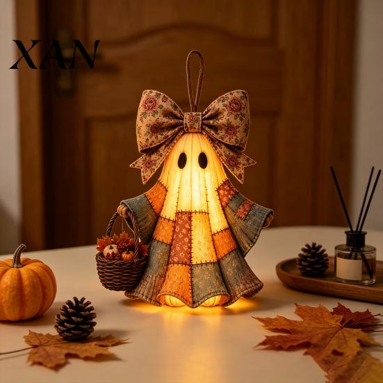 Resin Wall Ornament Lighted Vintage Patchwork Ghost Door Hanger, Rustic Farmhouse Figurine, LED Light Up Hanging Art for Halloween Spooky Statue