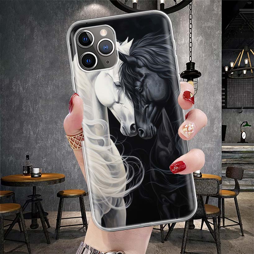 Étui de téléphone souple Cheval Noir Animal Pour IPhone 11 17 Air 16E 16 Pro Max 15 + 14 Plus 13 Mini 12 Apple 7 SE 8 Fundas Coque 11 17 A