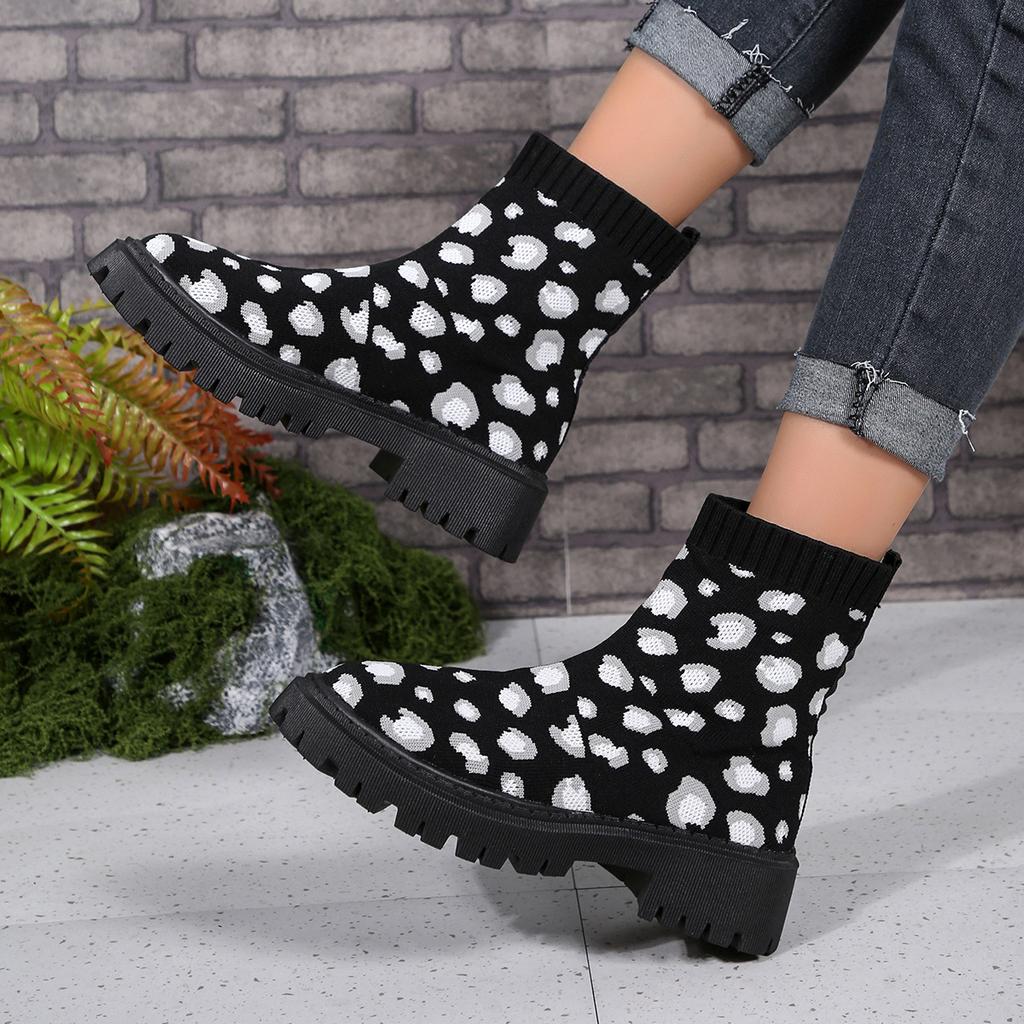 2025 Foreign Trade New Fly-woven Socks Boots Large Size Thick-soled Thick Heel Solid Color European and American Casual Outer Wear Medium Tube M