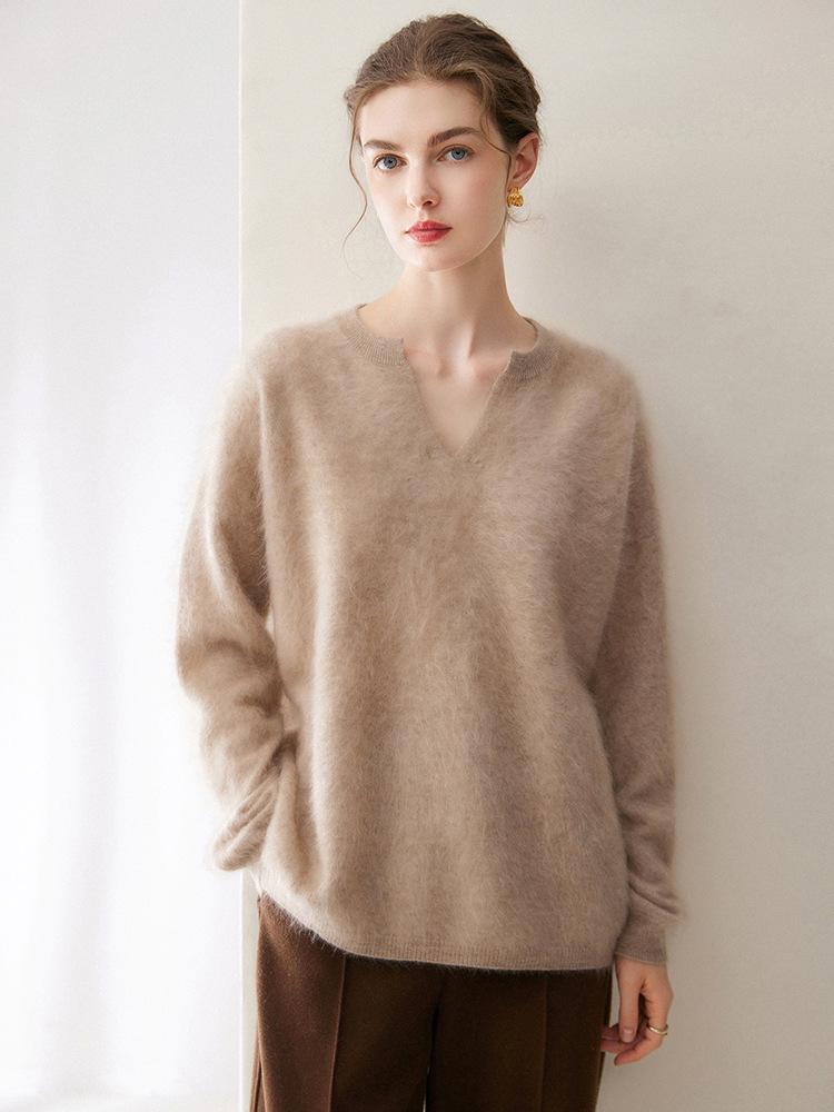 2026 Autumn/Winter Korean Style Loose V-Neck Cashmere Sweater - Women's Slimming Warm Scissor Design