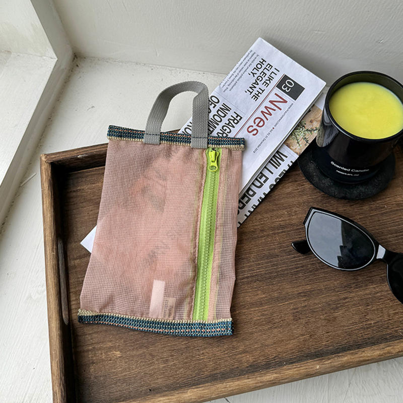 Translucent Mesh Storage Bag Portable Zipper Handbag Functional Cosmetic Pouch Pencil Case Documents Paper Organizer