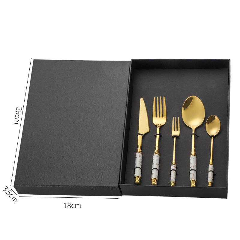 Emerald Marble Pattern 5-Piece Cutlery Set: Stainless Steel Knife, Fork, Spoon with Ceramic Handles