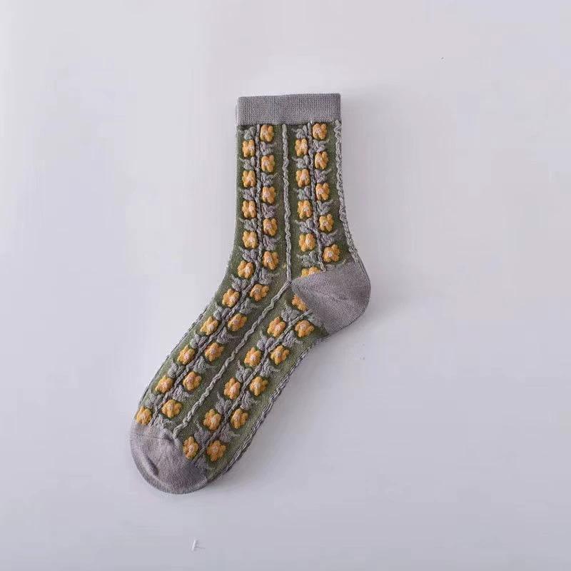 1/5 Paires Chaussettes Mi-Mollet Motif Ethnique Broderie 3D Chaussettes Texturées Polyvalentes Imprimé Floral Toutes Saisons Décontractées pour Femmes