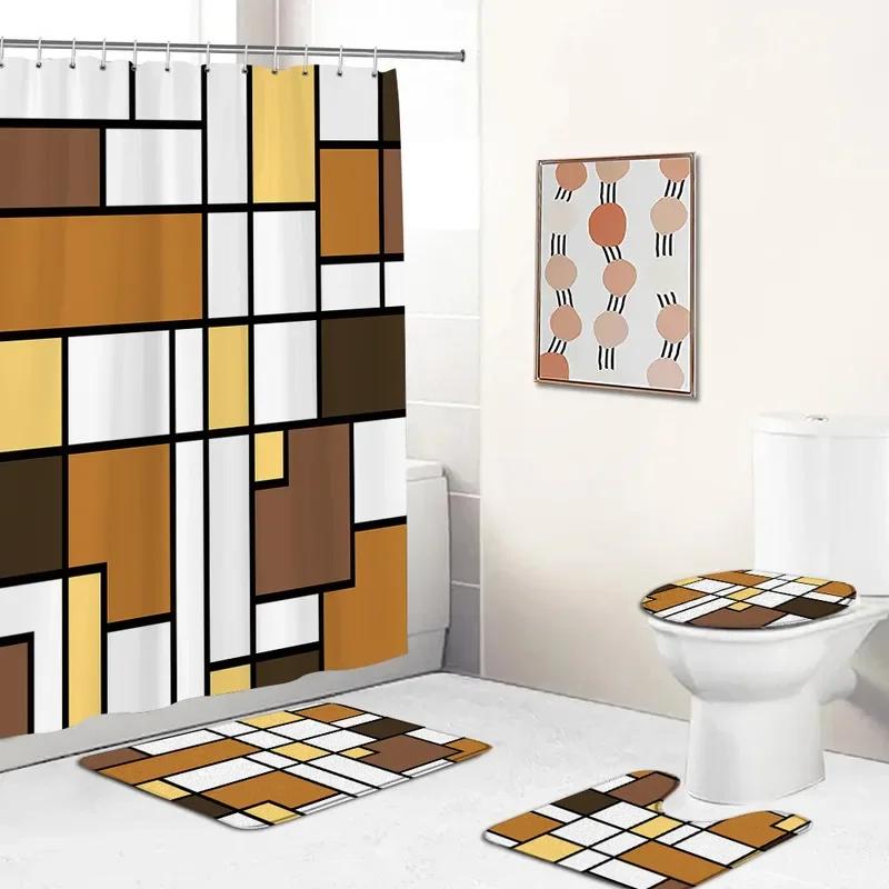 Creative Geometric Shower Curtains Bath Mats Sets Black Line Blue White Plaid Splicing Bathroom Decor Door Rugs Toilet Cover Mat