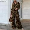 ZANZEA Spring 2PCS Sets Women Leopard Print Shirt And Long Pants Wide Leg